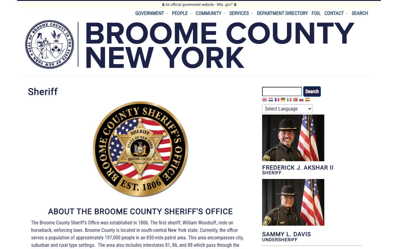 Broome County Sheriff's Office website for searching 72 hour booking records