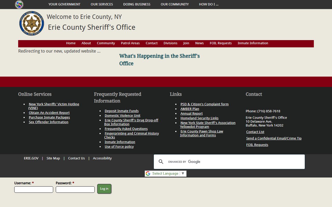 Erie County Sheriff website for Buffalo 72 hour booking and jail custody information