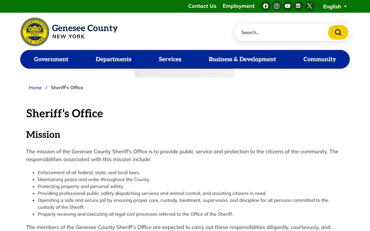 Genesee County Sheriff's Office website with department info for 72 hour booking record requests