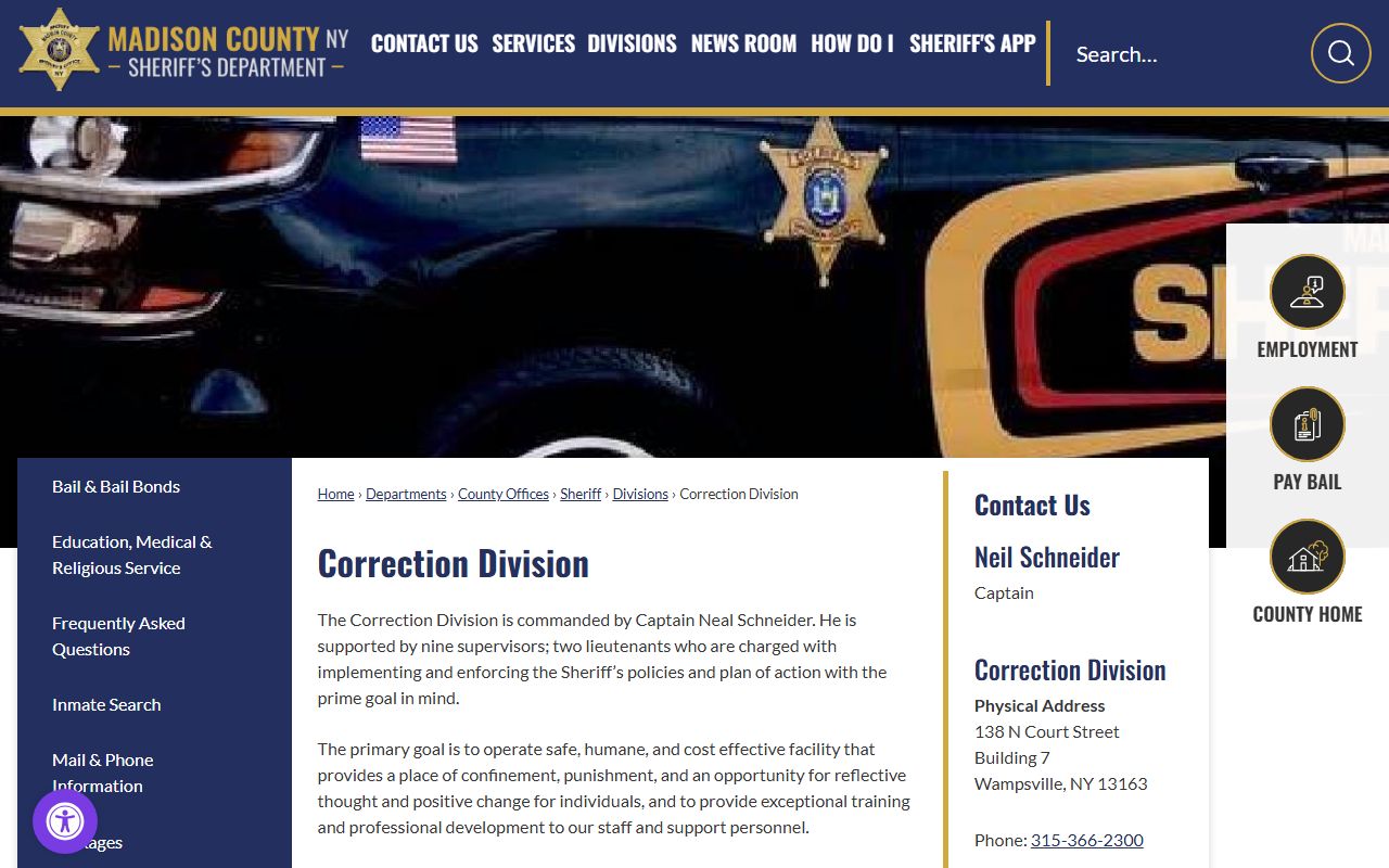 Madison County Correction Division page showing jail information and inmate services