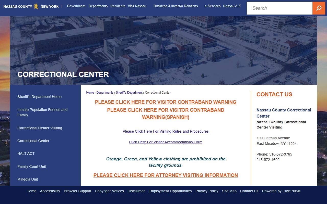 Nassau County Correctional Center website showing facility information and contact details for 72 hour booking inquiries