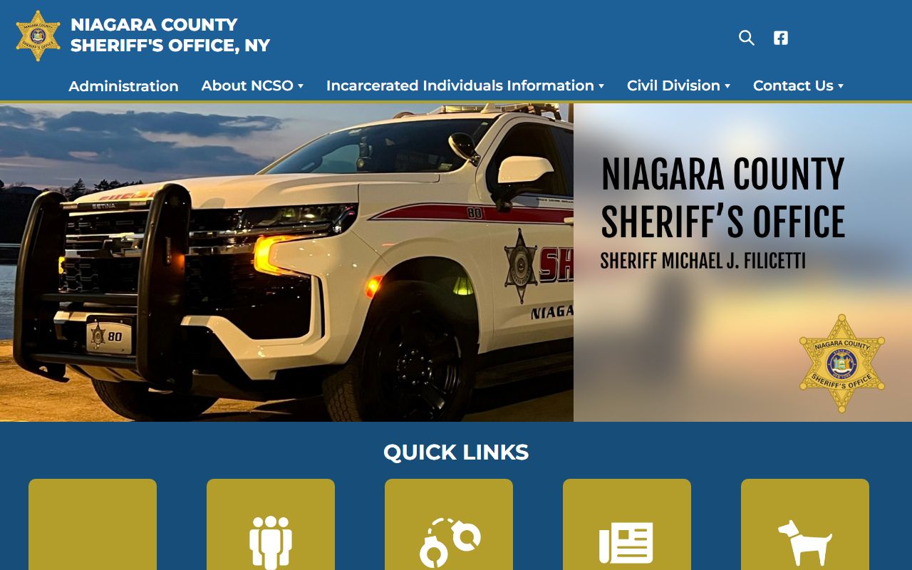 Niagara County Sheriff website homepage showing inmate lookup and contact details for 72 hour booking records