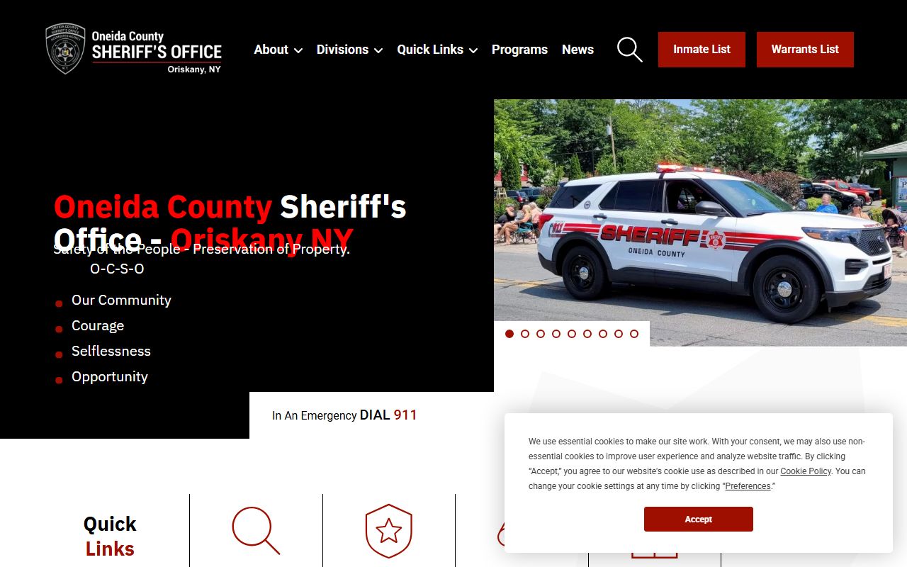 Oneida County Sheriff website showing contact information and services for 72 hour booking inquiries