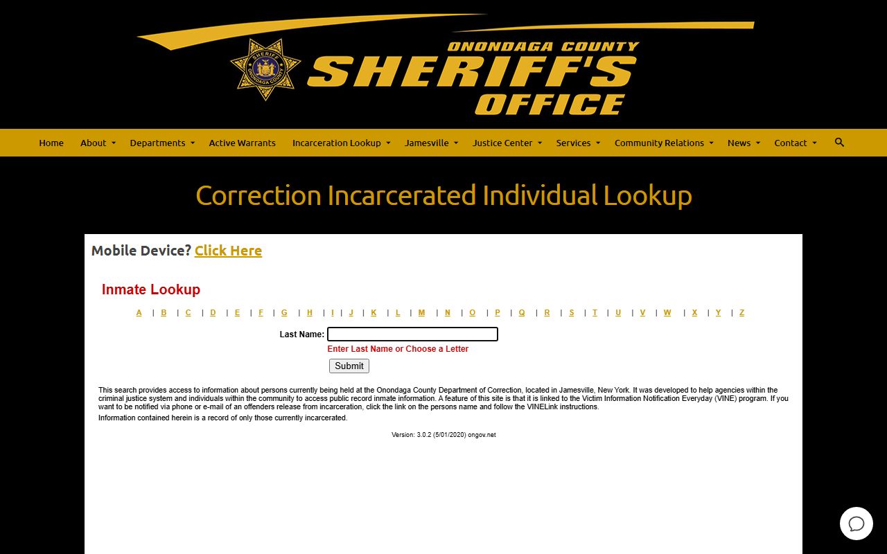 Onondaga County Jamesville Correctional Facility inmate lookup for booking records