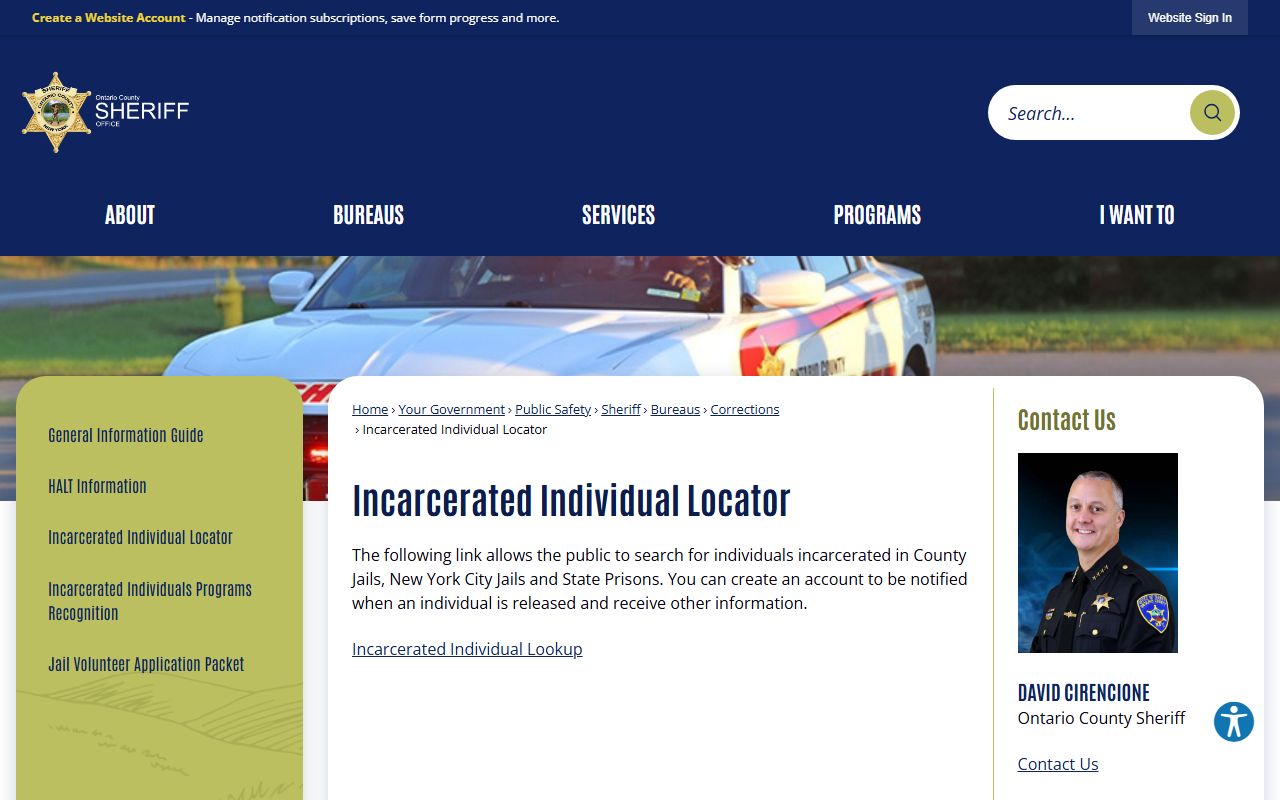 Ontario County inmate locator search page for finding 72 hour booking records by name or ID