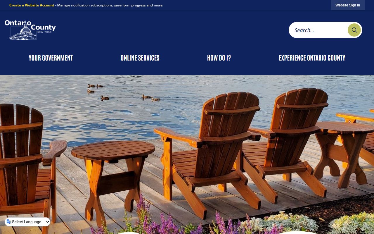 Ontario County Sheriff website showing department contact information and links for 72 hour booking records