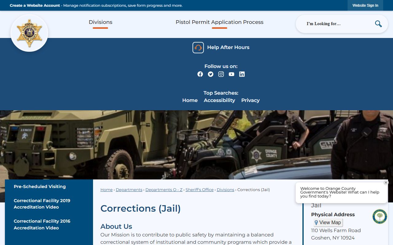 Orange County Corrections and Jail page showing facility details and inmate services for booking records