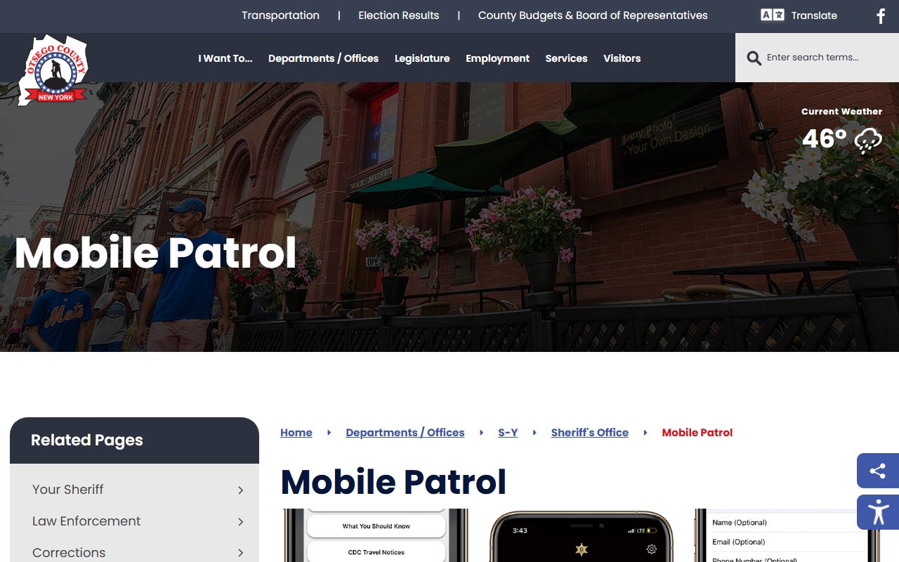 Otsego County Sheriff mobile patrol page showing rural patrol coverage for the county