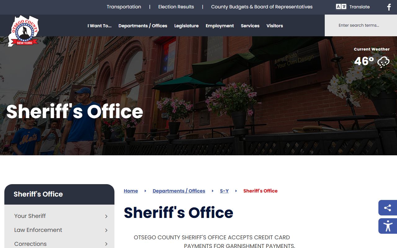 Otsego County Sheriff website showing department contact information and services for 72 hour booking records