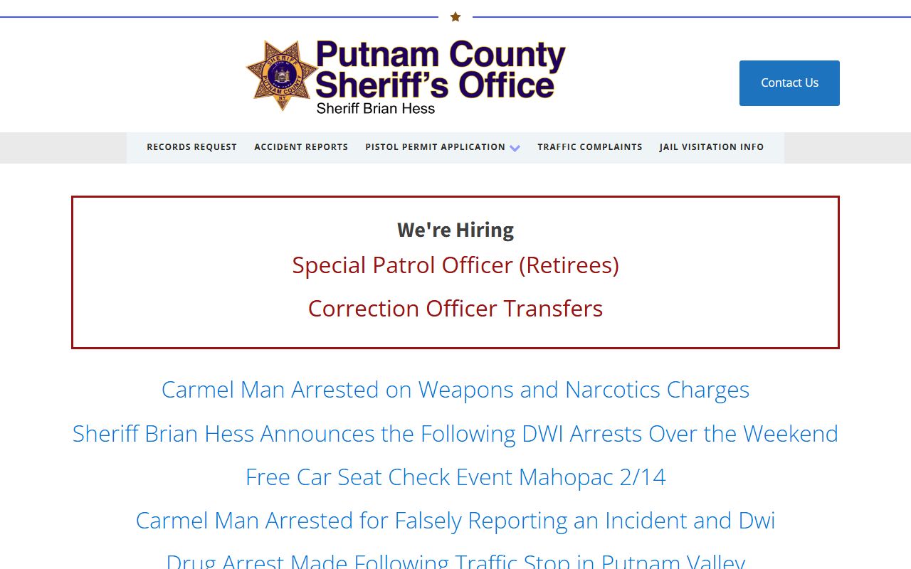 Putnam County Sheriff website showing department information and contact details for 72 hour booking inquiries