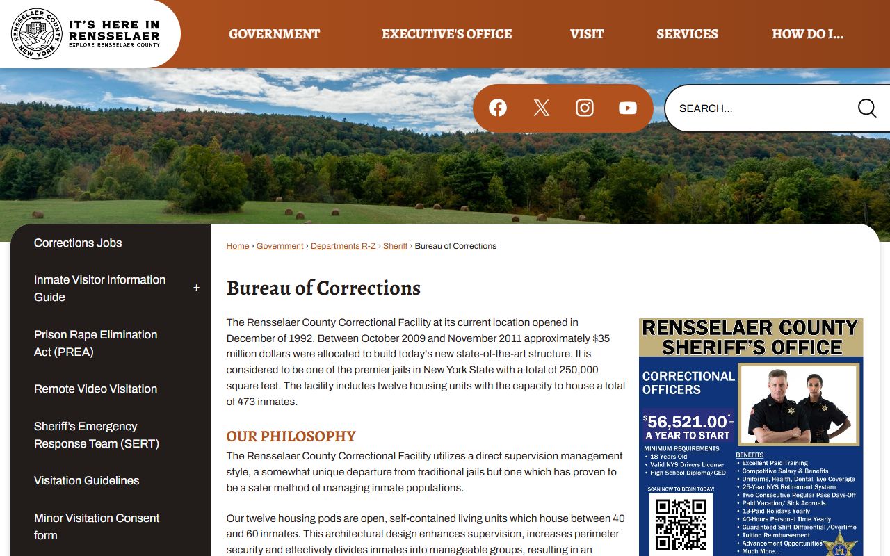 Rensselaer County Bureau of Corrections website showing facility information and contact details