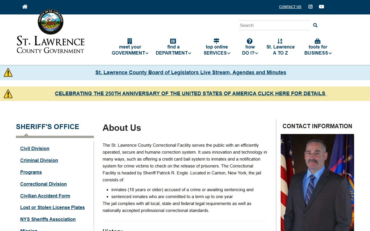 St. Lawrence County Sheriff website showing corrections division information and contact details