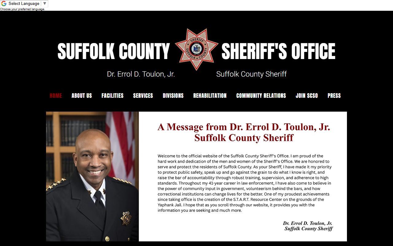Suffolk County Sheriff's Office website showing facility information and contact details for Riverhead and Yaphank