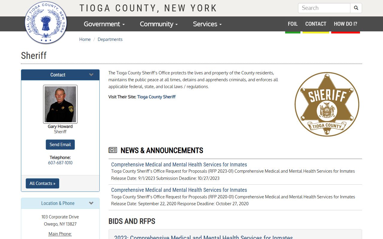 Tioga County Sheriff website showing department and jail facility information