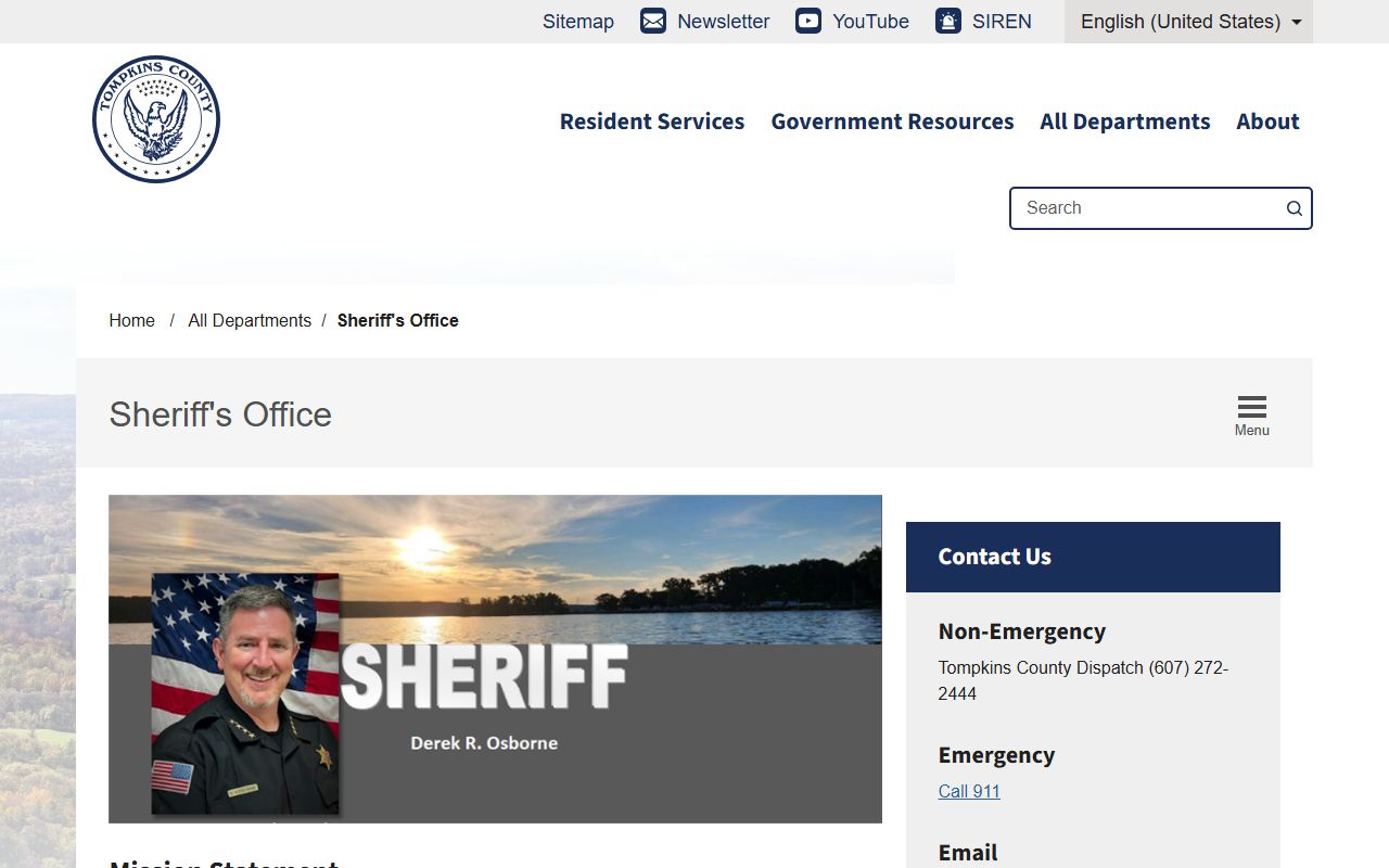 Tompkins County Sheriff website with correctional facility details and contact information