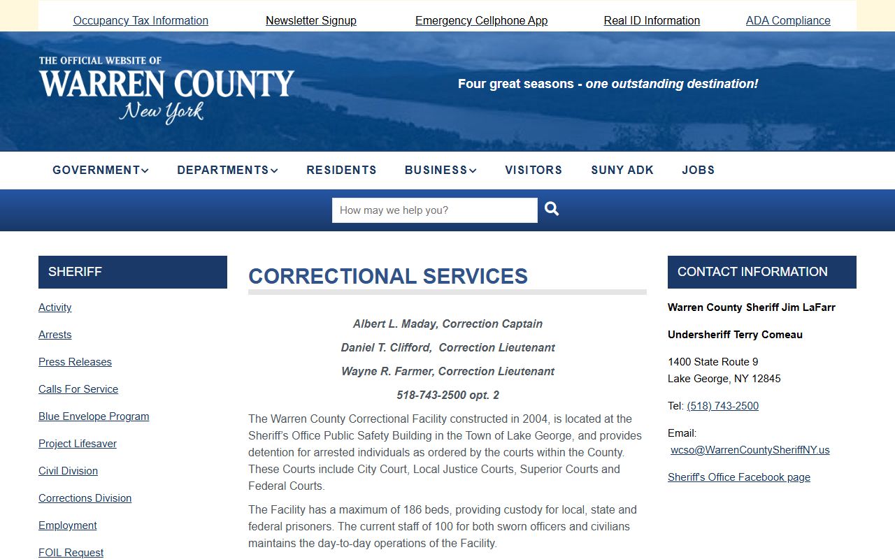 Warren County Sheriff Corrections page showing facility information and contact details