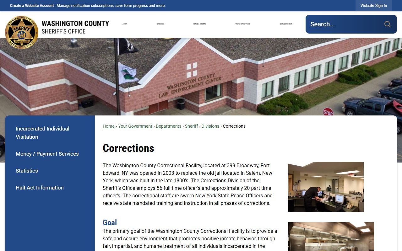 Washington County Corrections division page with facility information and contact details