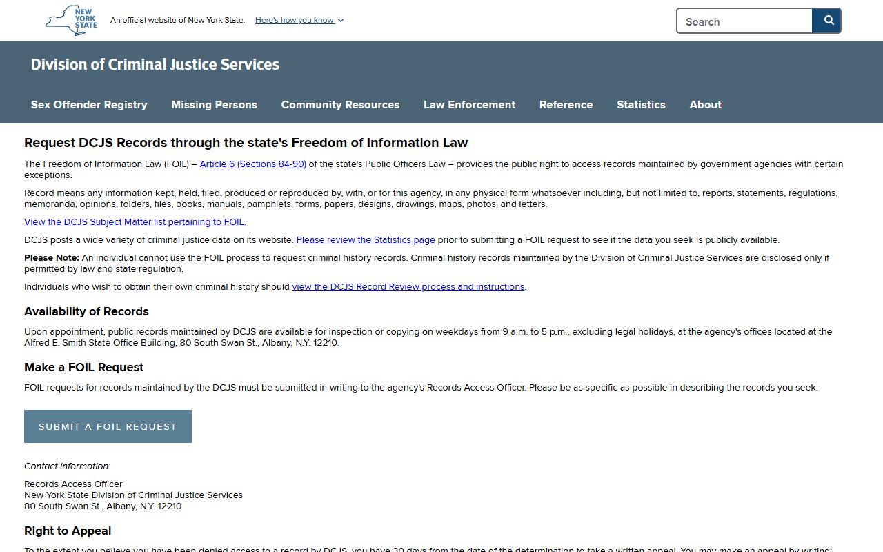 DCJS FOIL request page for New York 72 hour booking records