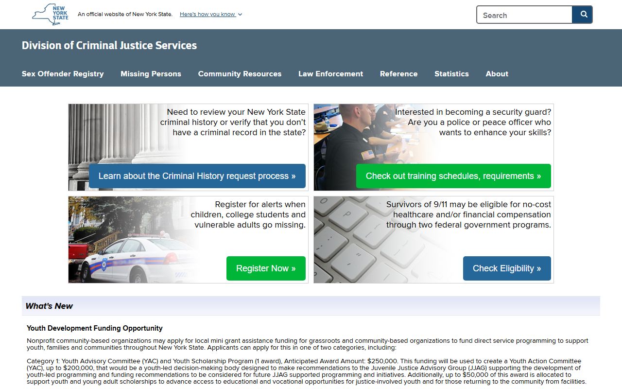 New York DCJS homepage for criminal justice and 72 hour booking records