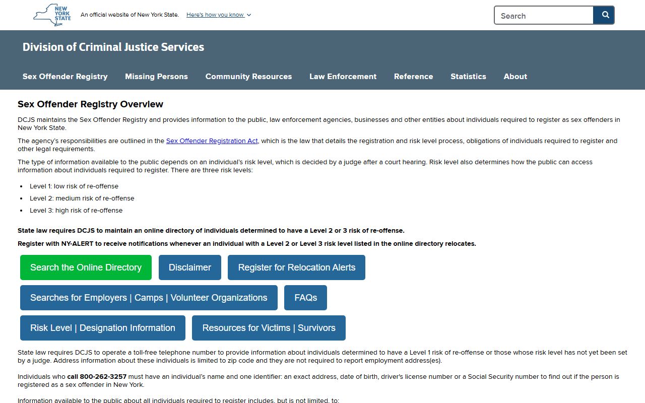 New York DCJS sex offender registry search page