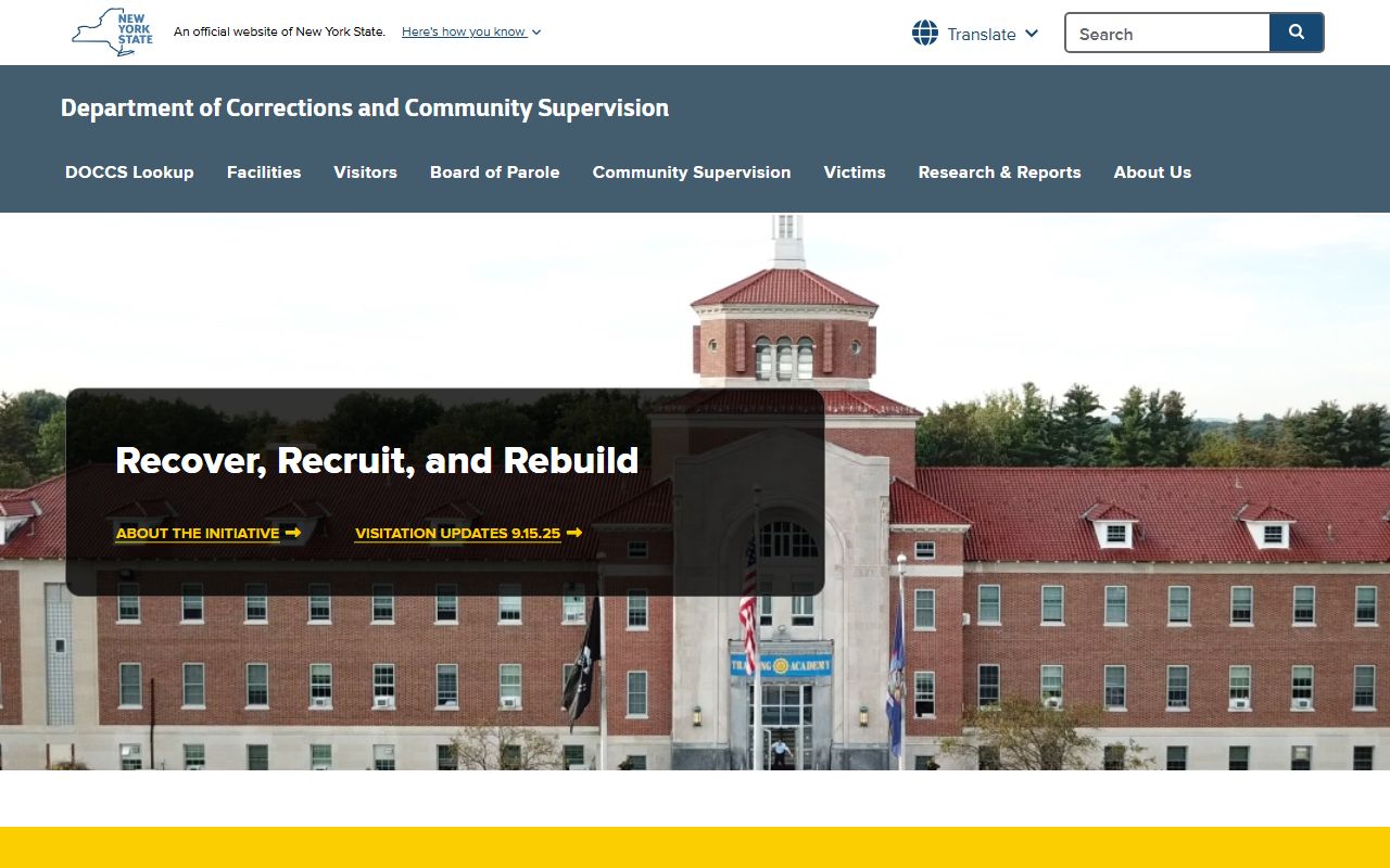 New York DOCCS homepage for 72 hour booking and corrections