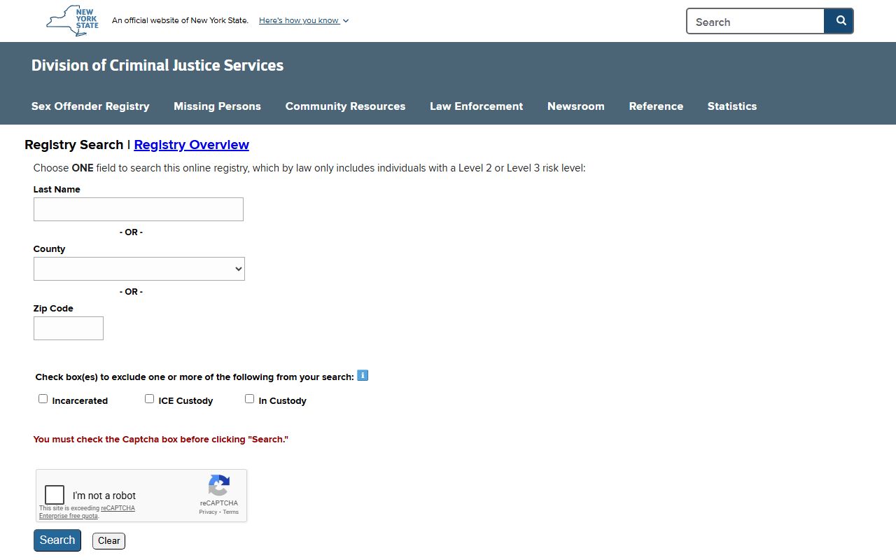 DOCCS sex offender registry page for New York records