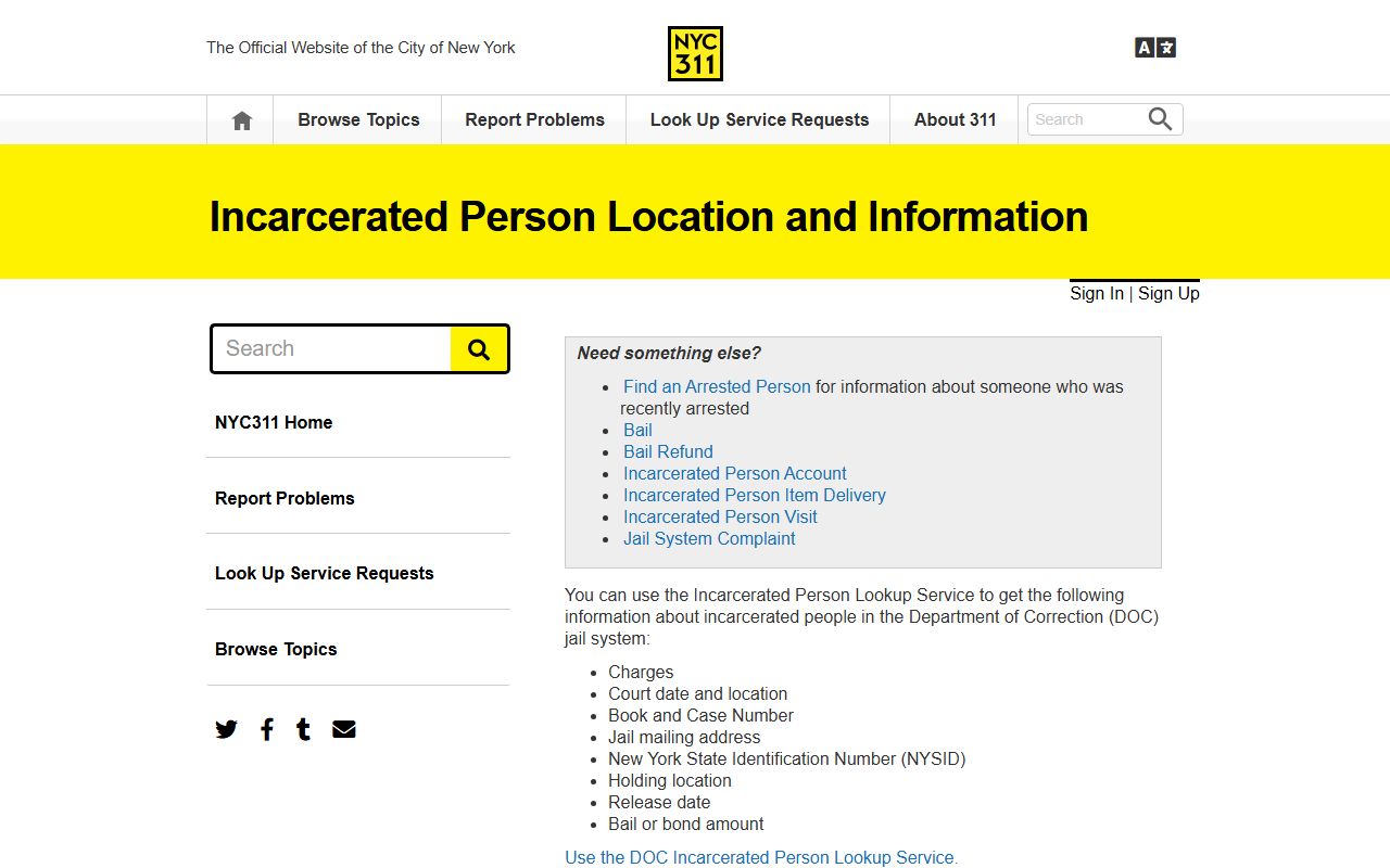 NYC 311 72 hour booking incarcerated person lookup page