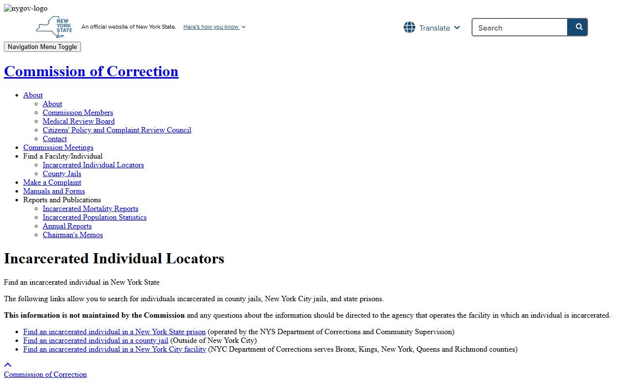 NYS Commission of Correction incarcerated individual locators